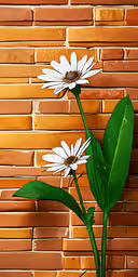 a flower is shown in a vase beside a brick wall,a green plant with white flowers standing in front of a brick wall