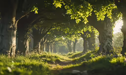 there is a dirt path lined with trees