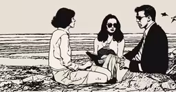 three women and a man sitting on a beach,three people sitting on a beach next to each other