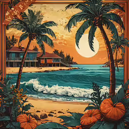 a picture of a sunset with palm trees on a beach,a poster of a beach in an orange and blue frame