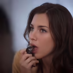 a woman holding a chocolate covered donut up to her mouth