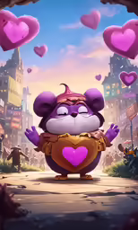 a poster of a rat character with purple heart shapes