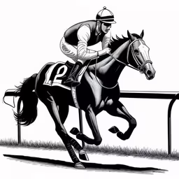 a jockey is racing down the race track,a man that is on top of a horse