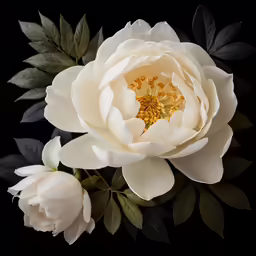 three white roses on a black background with leaves