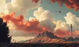 pink clouds floating over a mountain and a field