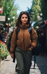 a woman walks down the street, with a backpack