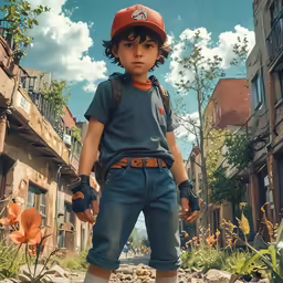a boy wearing a helmet standing in the street