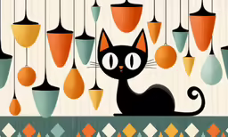 a black cat is sitting underneath colorful lamps