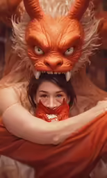 woman with orange dress and horned animal head