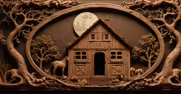 wooden picture frame with an old farm house painted on it,an altered wooden model of a house with trees
