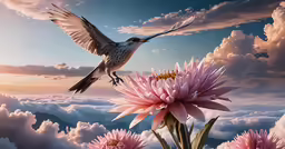 a bird is soaring in the clouds near some flowers