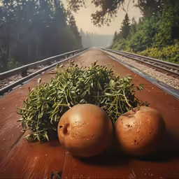 two onions and plants on a brown table
