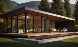a large porch on a deck near the woods