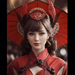 a woman in red clothes and an umbrella with other clothing