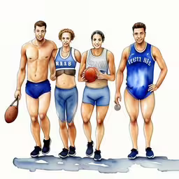 a painting of men and women with bodybuilding muscles,a group of three people holding a basketball while standing next to each other,a group of men and women, including one with a basketball in hand,three men and a woman holding basketballs and a ball,three men and a women wearing sports clothes