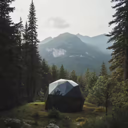 a dome shelter sits in the middle of a meadow and mountain