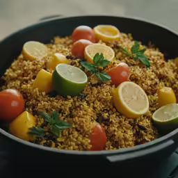 a pot filled with rice and garnished vegetables