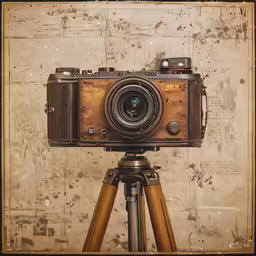 an old camera sitting on top of a tripod