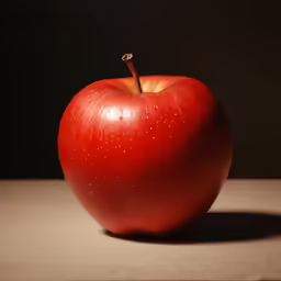 a red apple sits in the sun, with light reflecting off it