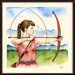 a painting depicting a girl in red outfit with bow and arrow,a painting of a woman aiming a bow at something