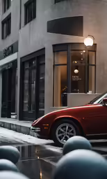 a red car is parked next to a building