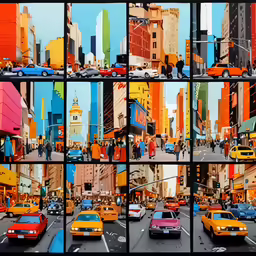 a collage of photos of the same city street as people