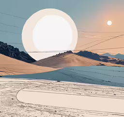 an artwork of the sun shining over mountains,a painting of the sun over desert with hills