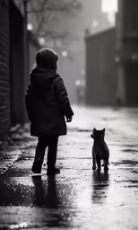 a child is walking down the street with a small dog