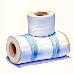 a drawing of three rolls of blue and white striped toilet paper,there is an illustration of a roll of toilet paper
