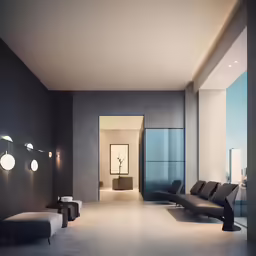 a living room with dark furniture and white walls