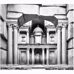 an old building with some big columns and a large window