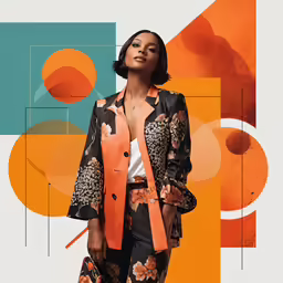 a woman standing next to a very colorful abstract painting