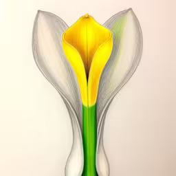an artistic drawing of a yellow flower on paper,a drawing of a single flower with very long leaves,colored drawing of a yellow flower on white paper,an artwork work of a flower with green stems,the outline of a flower with large green stems