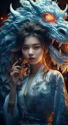 woman in white dress posing with dragon sculpture,a beautiful woman is wearing a blue dragon costume