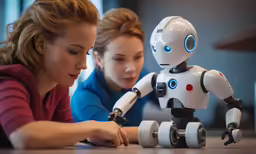 a woman sitting down with a robot beside her