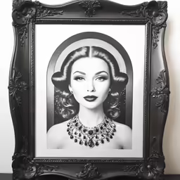 an illustration of a woman wearing a necklace is displayed in a framed picture