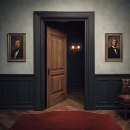 a photograph of abraham lincoln hangs above a doorway