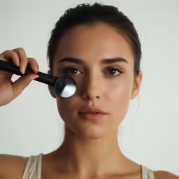 a young woman looking through a magnifying glass