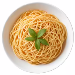 spaghetti with a sprig of basil on a white plate