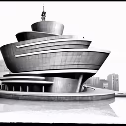 black and white photograph of an unusual building