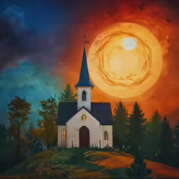 a painting of an old white church in front of a bright full moon