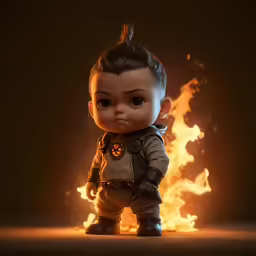 a doll in front of a fire burning with its eyes open