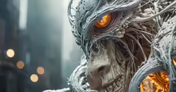 a close up of a demon wearing a horned mask