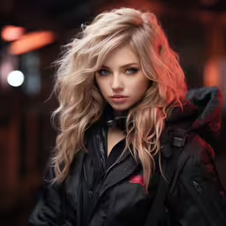a close up of a woman wearing a leather jacket,the blond woman has long hair with an attractive look