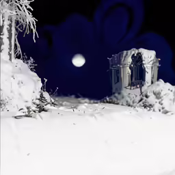 a couple of houses surrounded by snow in the night