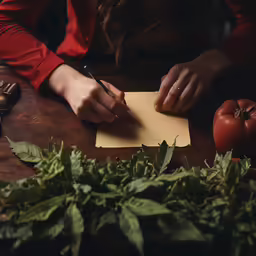 a woman writing on paper while tomatoes are in the background