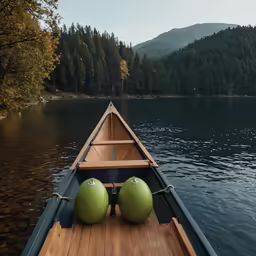 two balls sitting on top of a green boat in water