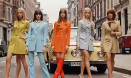 four girls in dresses standing on a street