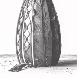 two tires leaning on each other in the sand