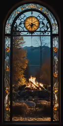 a window in a building with a clock inside
